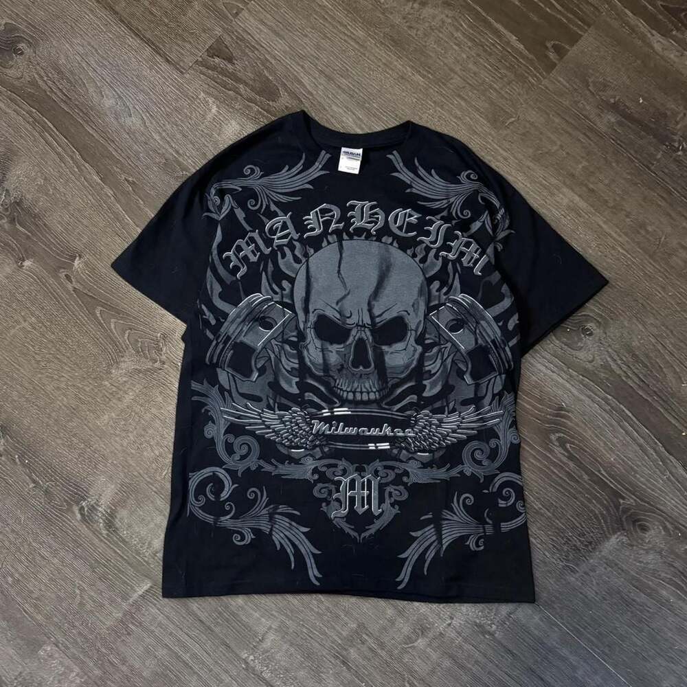 Gildan Manheim Milwaukee Skull Biker Graphic T-Shirt
